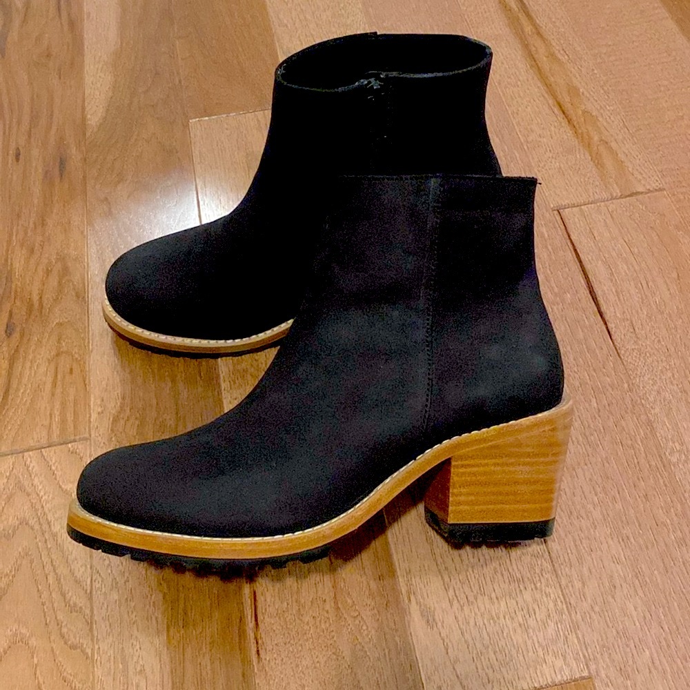 Portland Leather Black Suede Ankle Boots with Tan Wood Block Heel